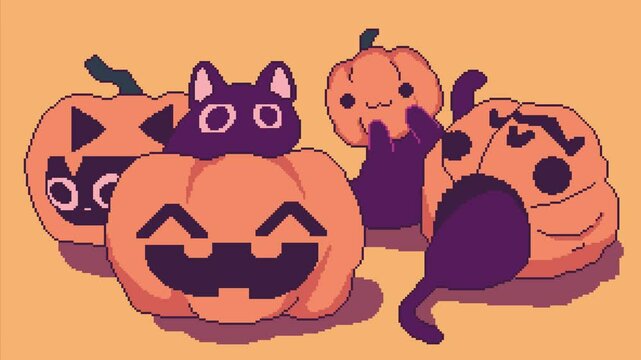 Pixel Art Halloween Cat Pumpkins Wallpaper