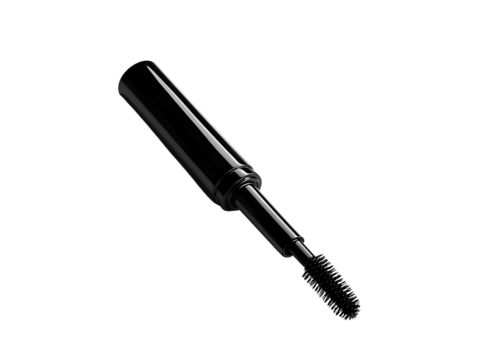 Glossy black mascara tube on a white isolated background.