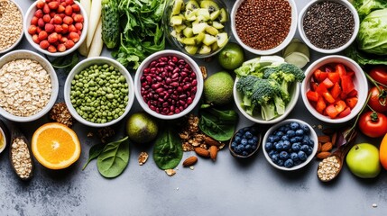 A vibrant display featuring an array of colorful fruits, vegetables, and grains in small bowls