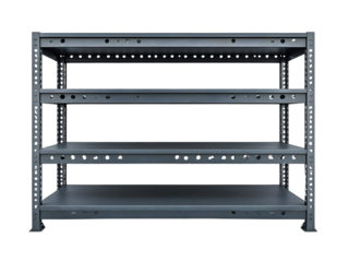 Metal shelving unit with multiple levels, ideal for storage and organization in warehouses or garages, on a white isolated background.