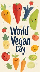 Fototapeta premium Smiling cartoon fruits and veggies surround the phrase World Vegan Day for a joyful vibe