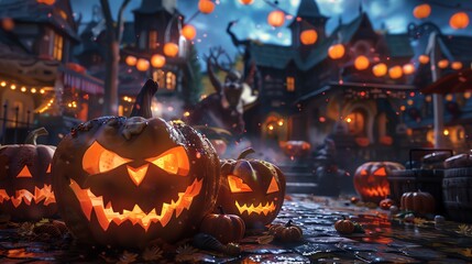 Obraz premium A spooky Halloween night scene featuring glowing Jack-o'-lanterns and festive lights in a haunted village setting.