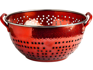 Red colander with perforated design on a white isolated background, perfect for draining pasta or washing fruits and vegetables.
