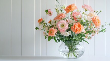 A delicate arrangement of pink and orange flowers in a glass vase, placed on a simple white table.