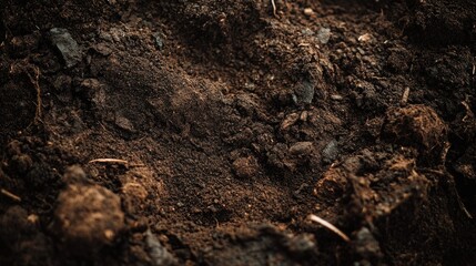 Fototapeta premium A detailed close-up of a pile of rich, dark soil, showcasing its fine texture and organic material.