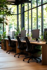Fototapeta premium A spacious office with a mix of individual workstations and collaborative zones, employees engaging in discussions, Generative AI