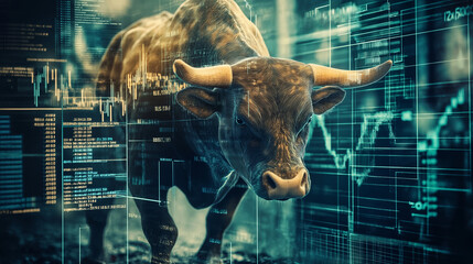 A strong bull symbol representing financial optimism and market growth, set against the backdrop of digital stock market data