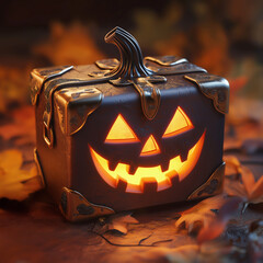 A glowing, carved pumpkin lantern with a spooky grin, sitting among fall leaves, capturing the festive spirit of Halloween night