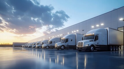 A fleet of trucks standing in a row at a loading dock, ready for their next freight deliveries.