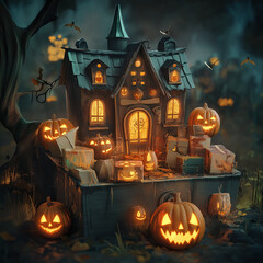 A detailed, eerie haunted house with glowing jack-o-lanterns outside, set in a foggy and mysterious night, perfect for Halloween.