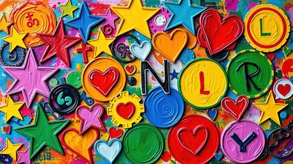 A collection of colorful, abstract shapes and symbols, including stars, hearts, and circled letters, arranged in a montage to convey a sense of unity and diversity.