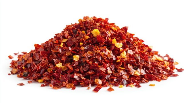 A heaping pile of crushed red chili peppers, their spicy flakes spilling onto a white background, creating a bold contrast between color and texture.