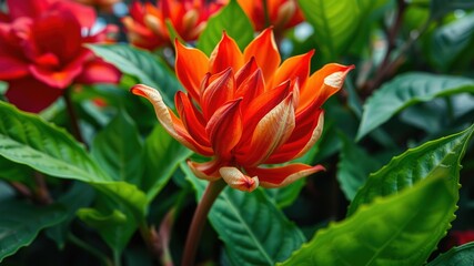 A delicate, papery bract surround a cluster of velvety red and orange petals, unfurling from a central stem amidst a bed of lush, emerald green foliage.
