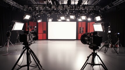 A large, modern video studio with high-definition cameras, adjustable lighting rigs, and sound equipment for a professional shoot.