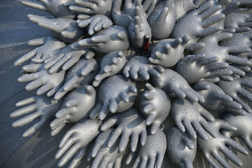 Abstract composition of inflated rubber gloves with water droplets creating unique artistic pattern