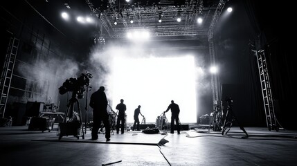 A large studio space with crew members moving equipment in silhouette against powerful lighting, setting up for a movie shoot.