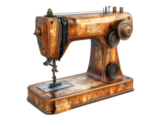 Vintage sewing machine with intricate designs, isolated on a white background.