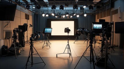 A large video production studio with professional cameras and equipment set up for filming a high-quality commercial or video project.