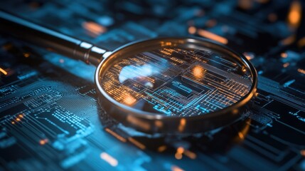 A magnifying glass hovering over a complex digital circuit pattern, symbolizing analysis and technology.
