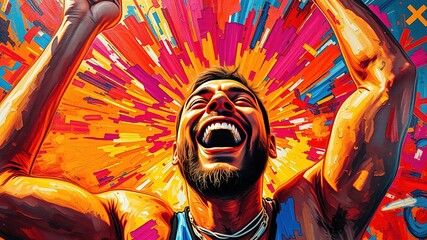 A triumphant stance filled with joy and accomplishment, arms raised in exultation, with a radiant glow of happiness and satisfaction spreading across the radiant facial expression.