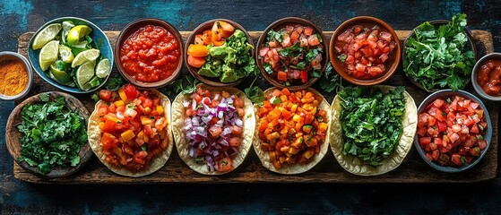 Fototapeta premium A Vibrant and Colorful Taco Spread with Assorted Toppings and Fresh Ingredients for Tasty Meals