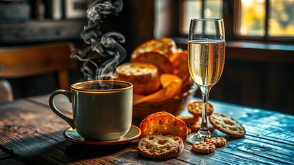 Fototapeta premium A warm, ambient light illuminates a rustic wooden table, where a steaming mug of specialty coffee sits next to a gleaming glass of champagne, 
