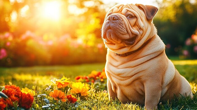 Adorable Mini Shar Pei Dog Sitting on Grass in a Sunny Outdoor Environment, Perfect Pet Portrait