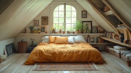 Fototapeta premium Bright and Cozy Parisian Attic Room with Sloped Ceiling and Charming Decor for Relaxation and Inspiration
