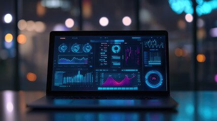 Fototapeta premium A modern laptop displaying a digital dashboard of futuristic technology visuals, with glowing blue elements.