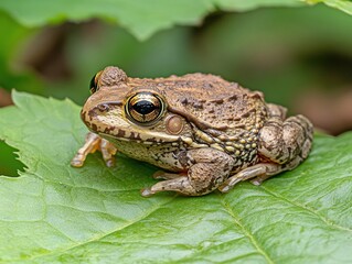 Fototapeta premium Close-Up of a Brown Frog Resting on Green Leaves in a Lush Natural Habitat with Vibrant Colors