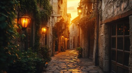 Fototapeta premium A narrow cobblestone street in an ancient town, bathed in warm sunset light, with lanterns beginning to glow.