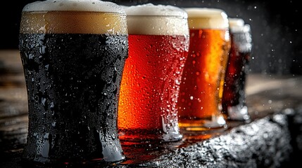 Close-Up of Assorted Craft Beer Six-Pack with Colorful Labels on a Wooden Surface Background