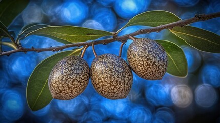 Obraz premium Close-up of Colorful Gumnuts Hanging on Branches in a Lush Green Environment, Nature's Beauty