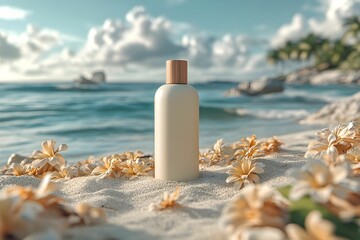 A serene beach scene with a white bottle resting on sand, surrounded by flowers, and a backdrop of gentle waves and fluffy clouds. symbolizing beach beauty skincare