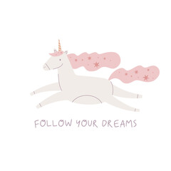 Cute unicorns, flowers and stars.Colorful vector print in cartoon flat style