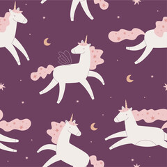 Cute unicorns, flowers and stars.Colorful seamless pattern in cartoon flat style