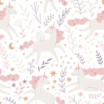 Cute unicorns, flowers and stars.Colorful seamless pattern in cartoon flat style