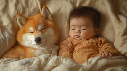 赤ちゃんと犬のお昼寝