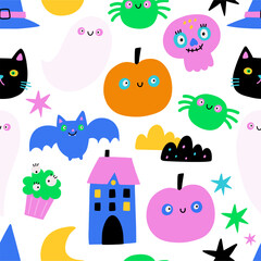 Cute Halloween, holiday card. Childish, playful style print with pumpkin, ghost, bat and skull. Flat vector illustration