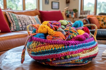 Obraz premium Cozy Yarn Basket Overflowing with Colorful Wool and Knitting Supplies for Creative Crafting Sessions