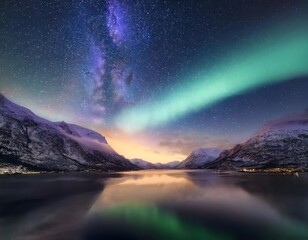 Fototapeta premium Norwegian mountains and northern lights