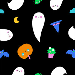 Cute Halloween, holiday card. Childish, playful style print with pumpkin, ghost, bat and skull. Flat vector illustration