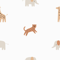 Safari animals cute illustration in doodle style. Outline hand drawn print. African leopard, giraffe, elephant. Wild animals seamless pattern