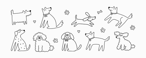 Cute Dogs illustration in doodle style. Outline hand drawn print. Pet, animals 