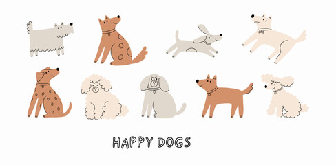 Cute Dogs illustration in doodle style. Outline hand drawn print. Pet, animals 