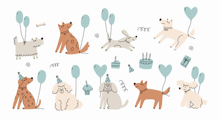 Cute Dogs illustration in doodle style. Outline hand drawn print. Pet, animals Birthday party. Card in flat style