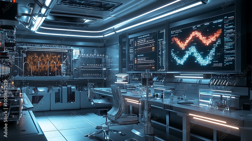 Poster futuristic laboratory interior with advanced equipment and monitors displaying data.