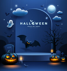 Halloween podium dark blue color, bat flying, Scary pumpkin, ghost, candle, poster flyer design on cloud and moon dark blue background, Eps 10 vector illustration