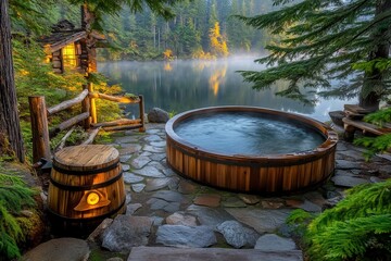 Fototapeta premium Rustic wooden hot tub surrounded by lush greenery in a serene natural setting for relaxation