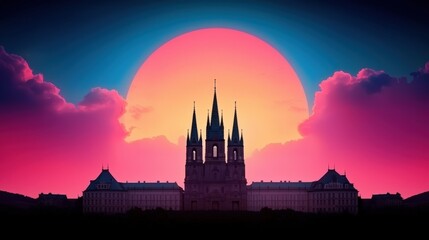 Naklejka premium Dramatic Sunset Silhouette of Church and Buildings in Pink Sky